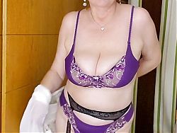 Hot mature milf MariaOld teasing by huge natural boobs in sexy lingerie and black stockings